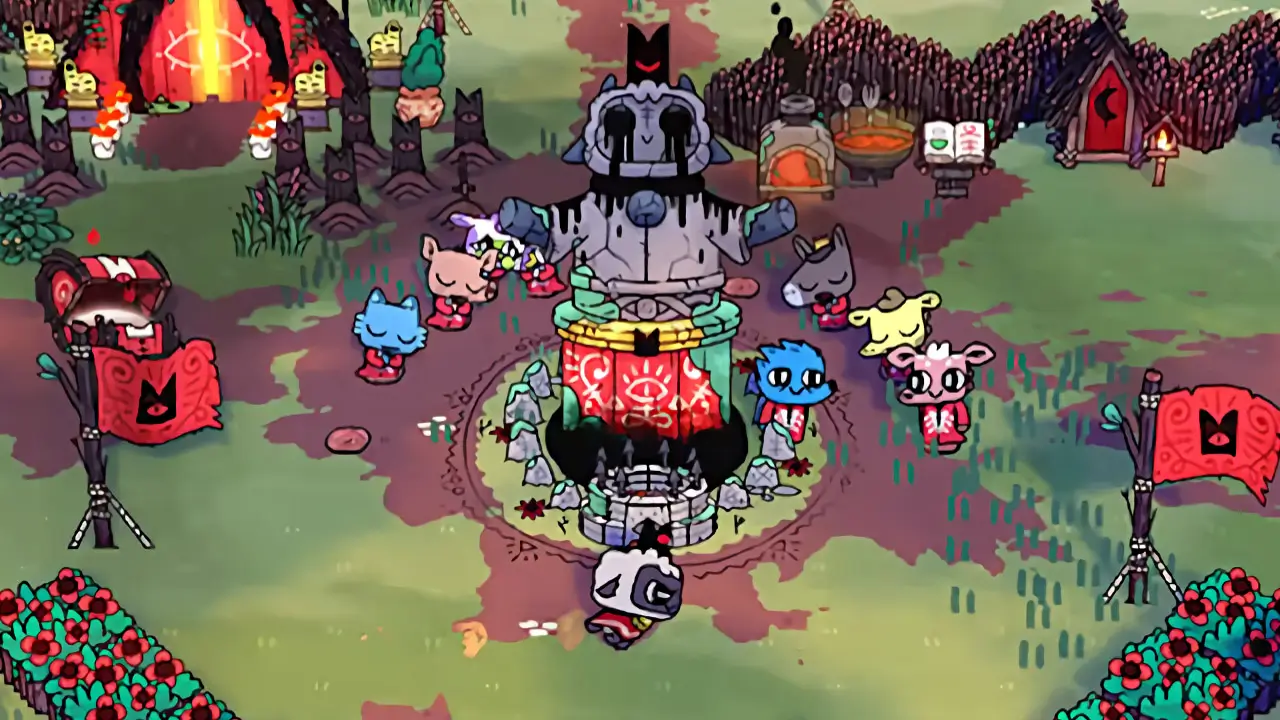 sheep and followers gathered around a shrine in a small, grass village