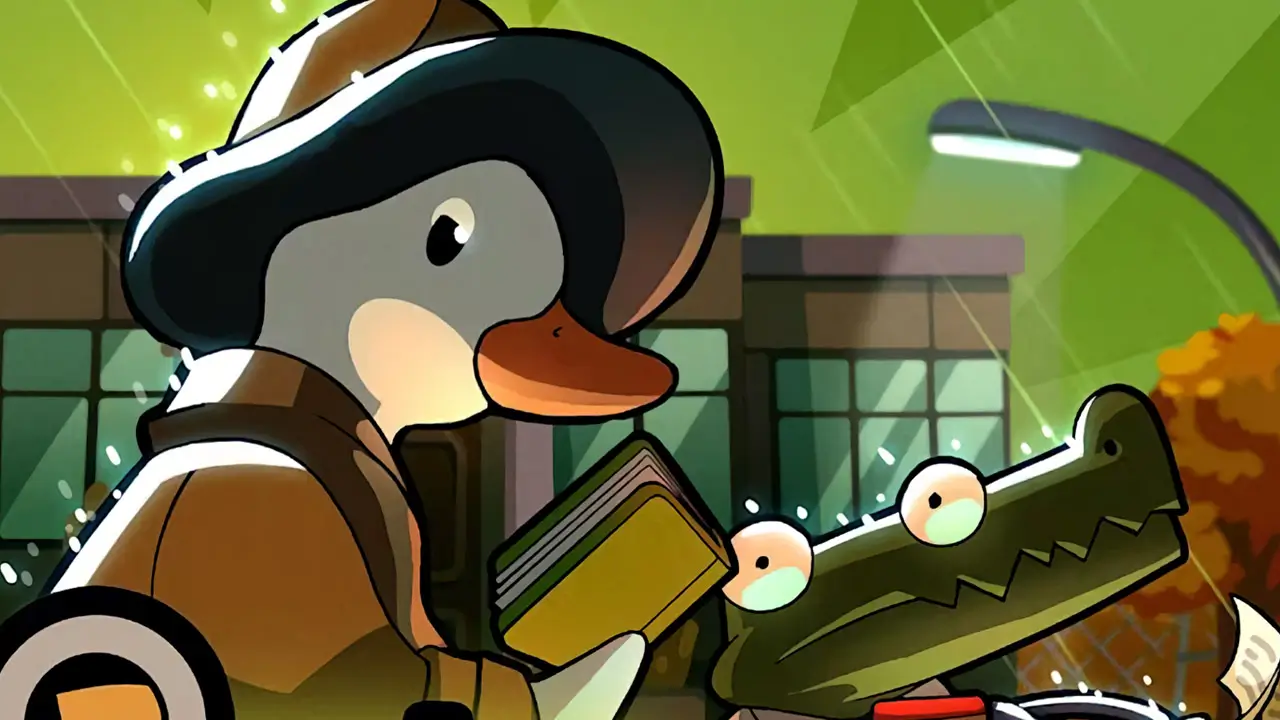 duck in a detective outfit next to a alligator (carton art style)