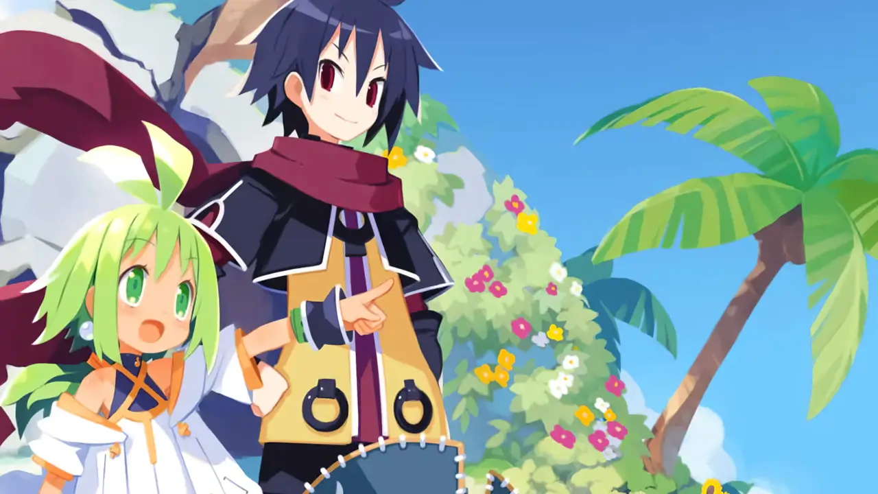 two anime characters (one male, one female) smiling in front of palm tree and blue sky