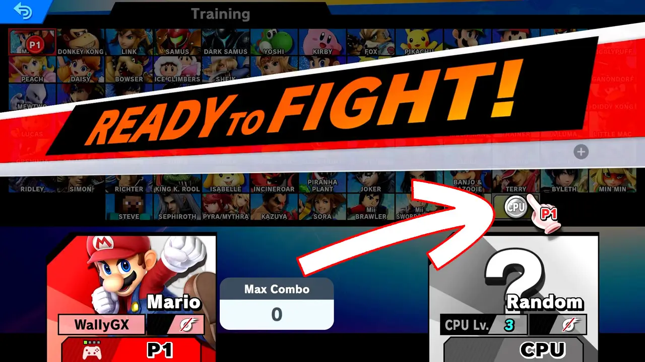 fighter select screen with arrow pointing at computer selection token