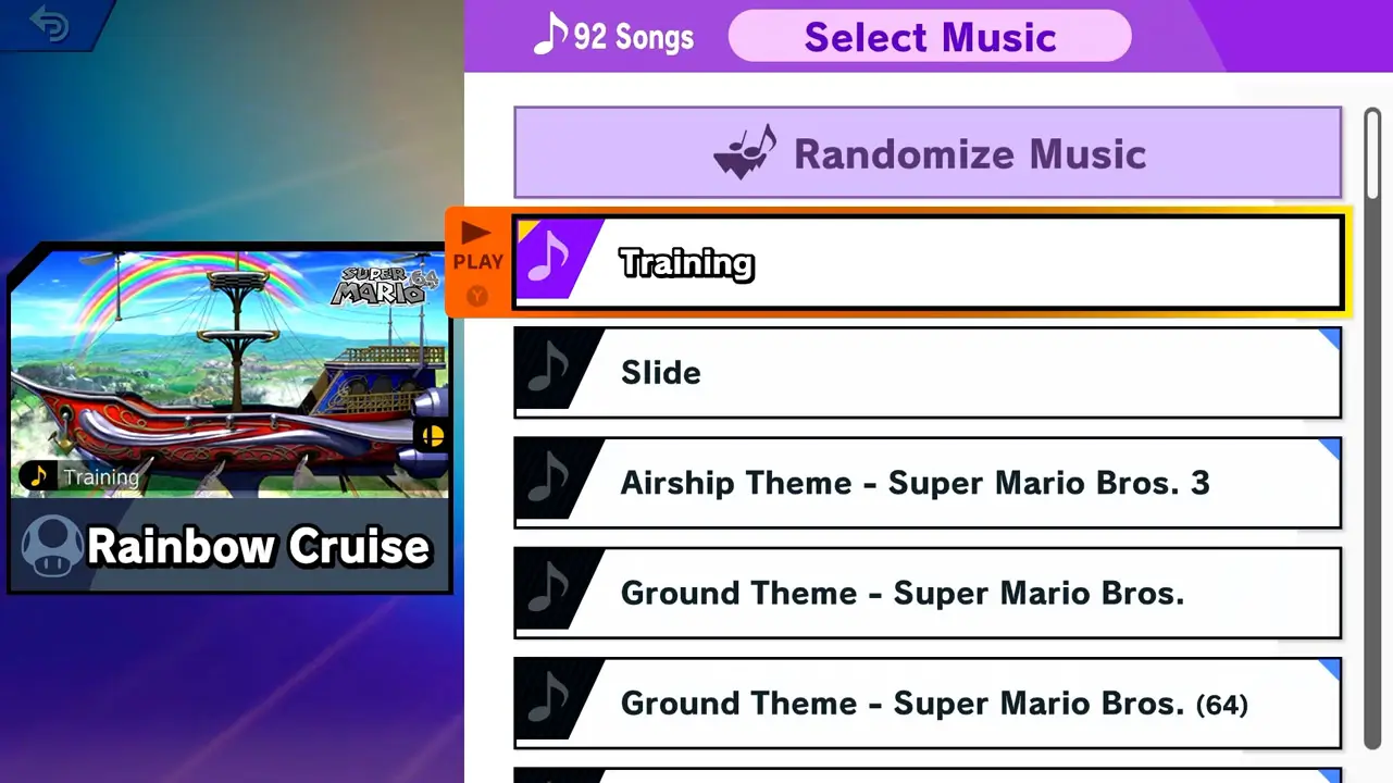 music select screen for stage selection