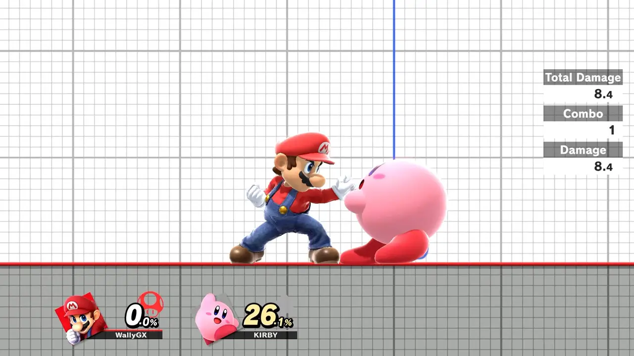 training mode screen of mario grabbing kirby
