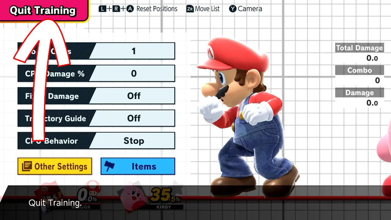 training mode menu with arrow pointing at "Quit Training" button