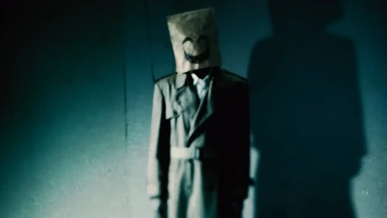 creepy man with paper bag on head standing in dark