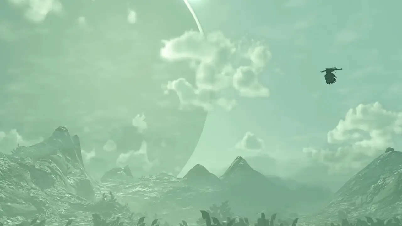 landscape with mountains, sun, and a bird flying