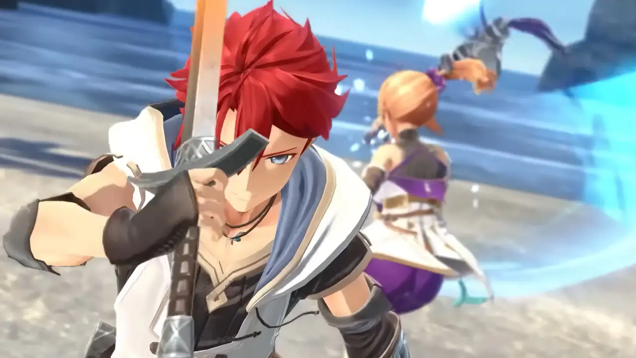 anime guy with sword and anime woman in background on a beach