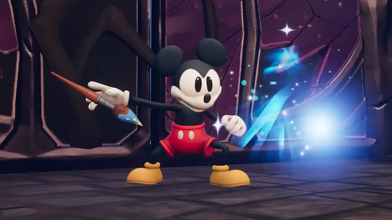 mickey mouse holding a paint brush