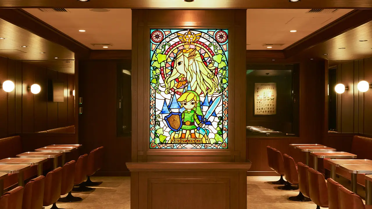 linked stained glass inside cafe