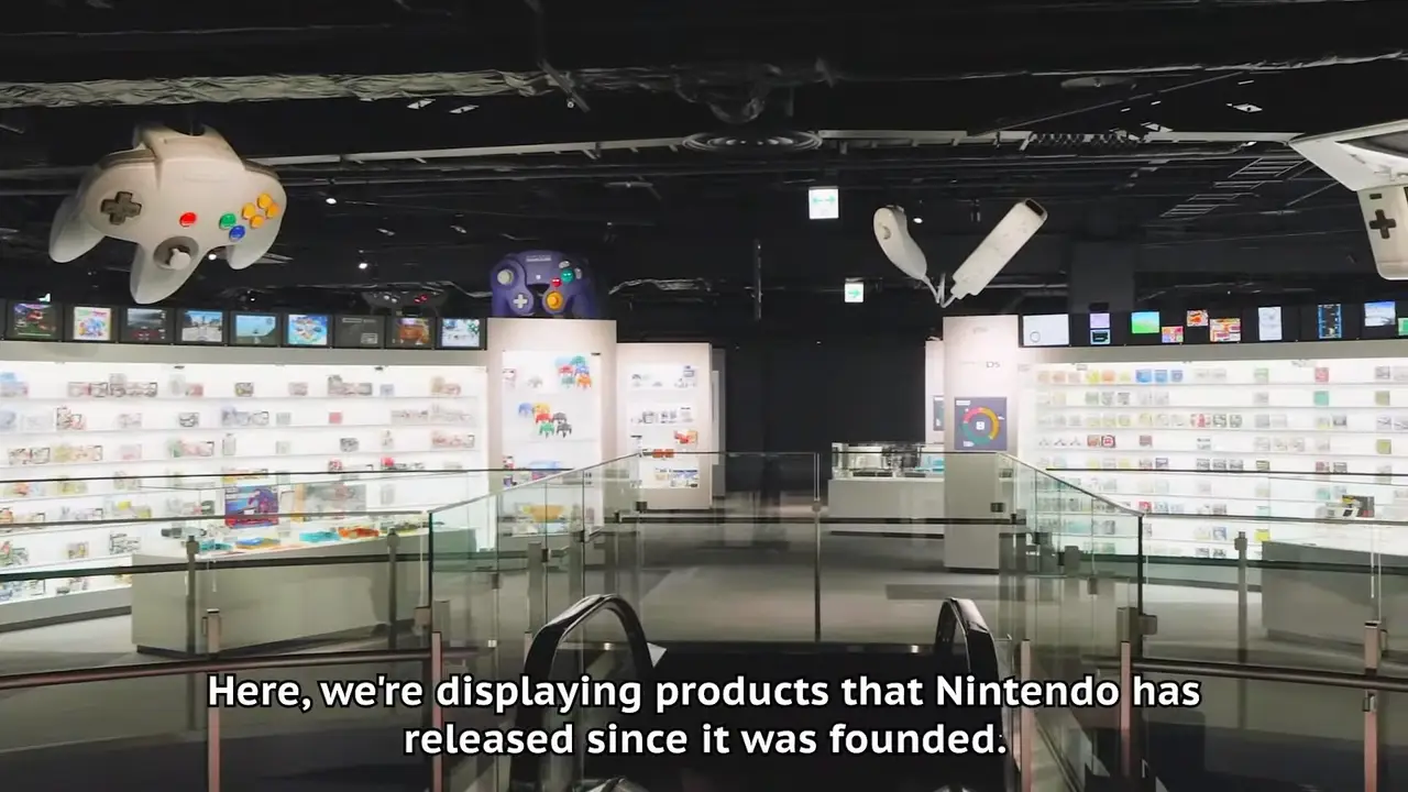 Nintendo games on display behind glass  in a show room floor at the Nintendo Museum