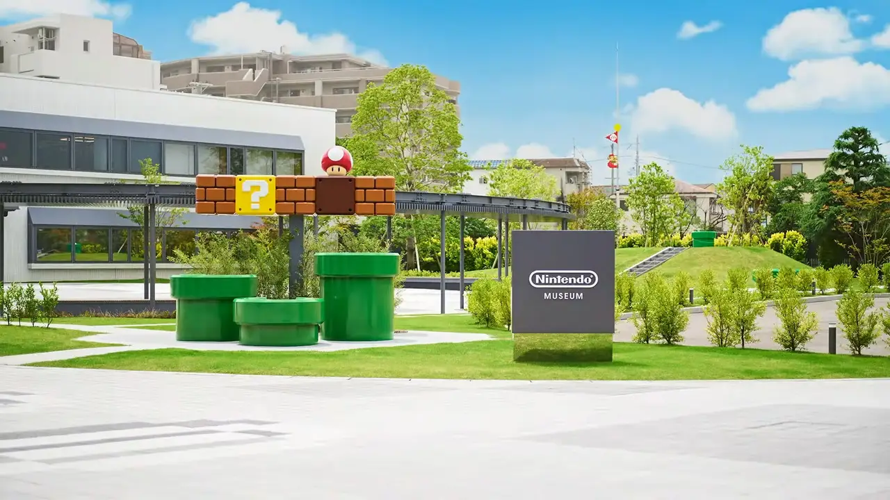 the Nintendo Museum's a green yard with Mario warp pipes and blocks
