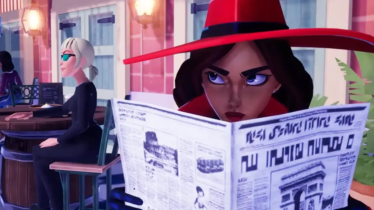 Carmen wearing a red hat, reading the newspaper, looking sly