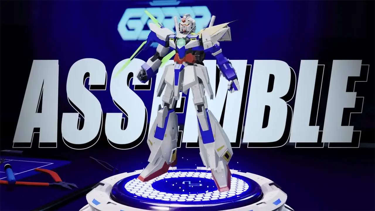 robot standing tall in front of word "assemble"