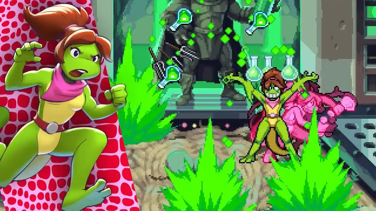 Female reptile throwing green flasks at enemies