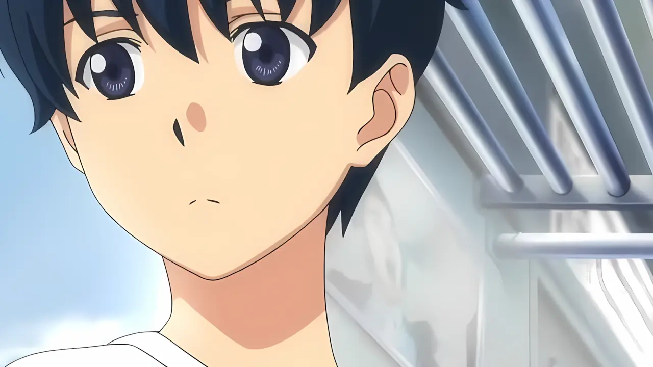 Eternights; a boy looking out a train window in daytime