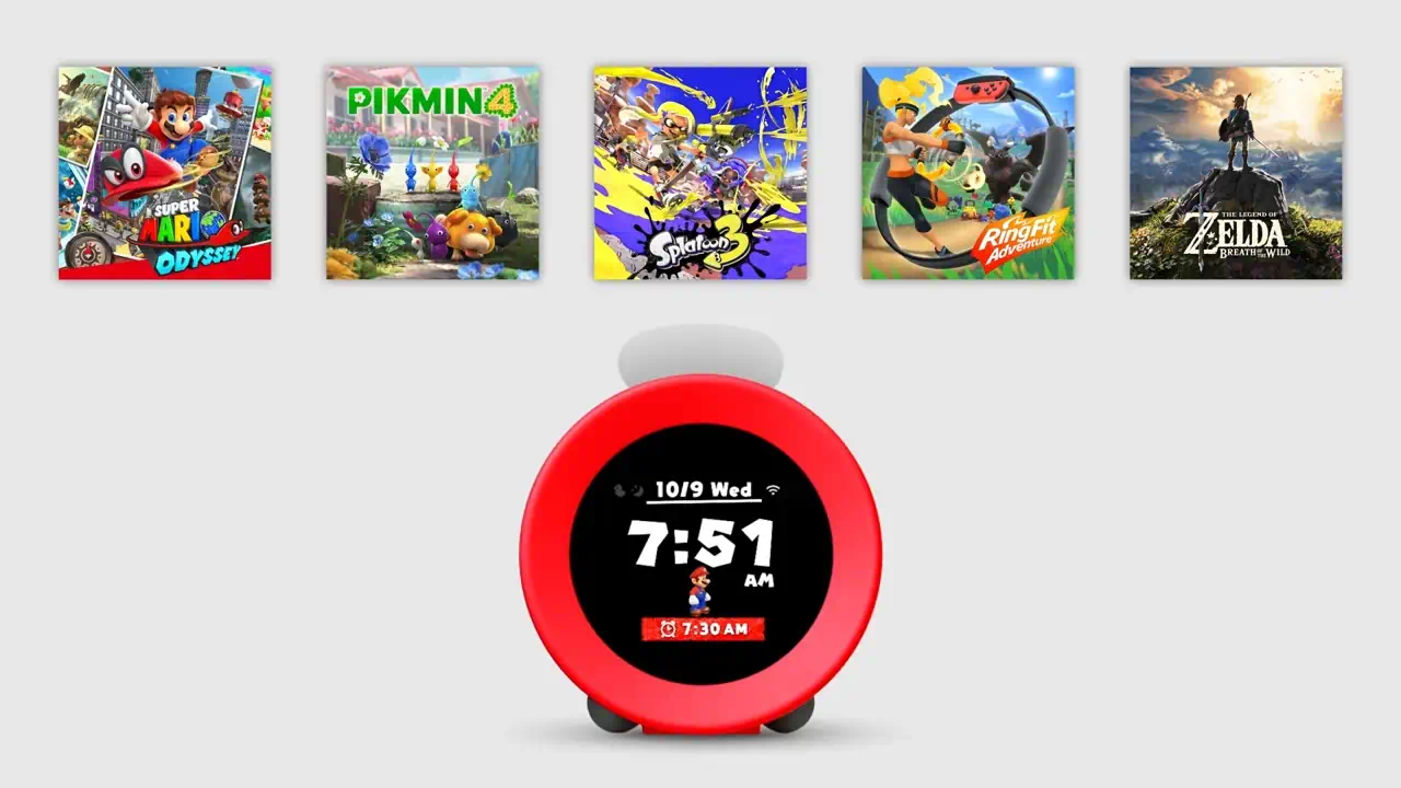 Nintendo Alarmo clock with game icons above in against white background