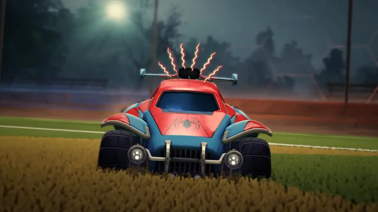 a spider man themed car on a green field with spidey sense tingling