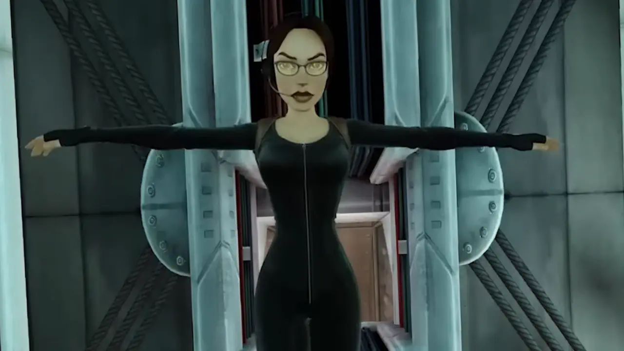 Lara Croft in spy gear and glasses with her arms out to the side