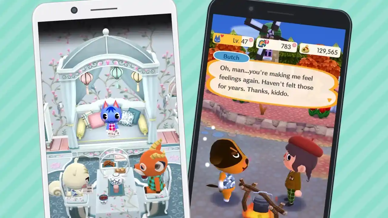 Animal Crossing Pocket Camp Complete; two phones with the app on screen of villagers interacting